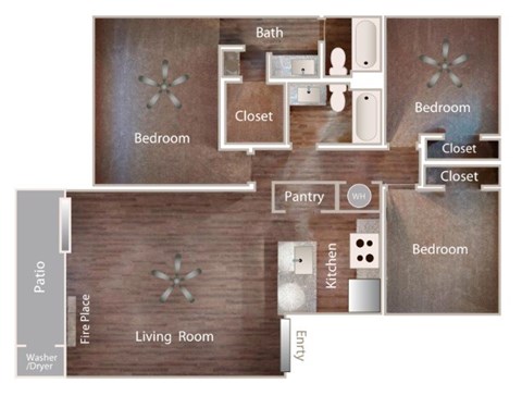 A floor plan of a house with a living room, kitchen, pantry, and three bedrooms.